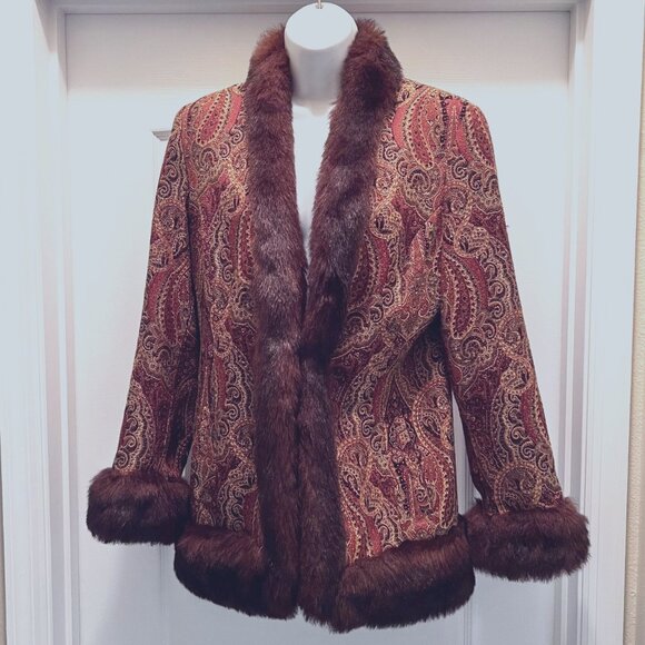 Newport News-Vintage Paisley Print Faux Fur Coat/Jacket-Hook Closure-Pockets-10 - Picture 3 of 16
